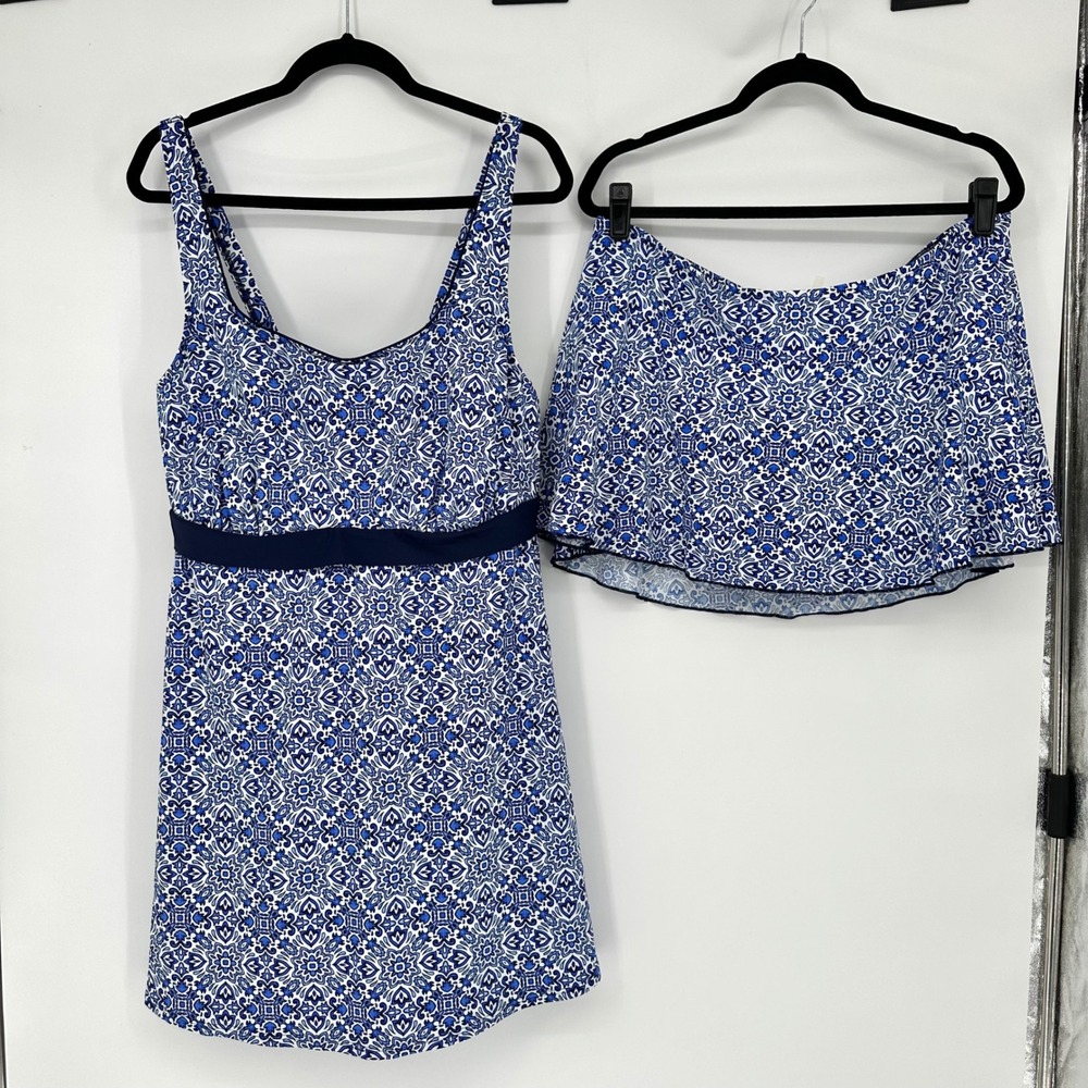 Land's End Blue Geometric Dresskini 2 Pc Swimwear Swim Set Skirt Dress 18W DD